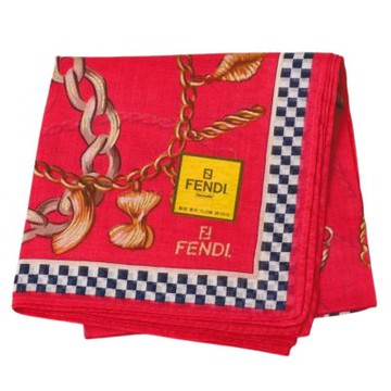 FENDI 格紋邊飾鏈飾印花圖騰品牌LOGO帕領巾(粉桃色/46CM)
