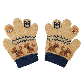 akachan honpo - 5指手套-指尖小狗繡片-淺卡其色-日本製