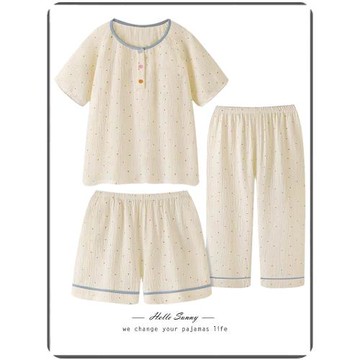 大碼睡衣女夏純棉紗布短袖圓領甜美寬松彩點春秋短袖三件套家居服
