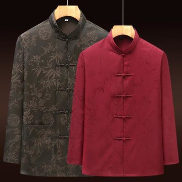 中國風春秋中老年情侶唐裝長袖真絲套裝爺爺奶奶老人生日宴會衣服