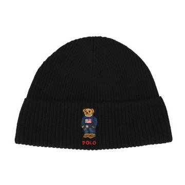 RALPH LAUREN POLO 丹寧小熊刺繡LOGO素面羊毛混紗羅紋針織毛帽-黑色