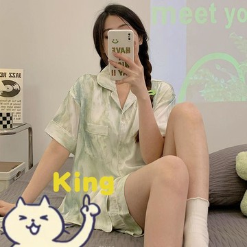 冰絲睡衣 夏季短袖短褲 輕薄透氣外貿版型 流光緞面高級質感 可愛卡通甜美風 柔順親膚女生居家成套休閒服飾