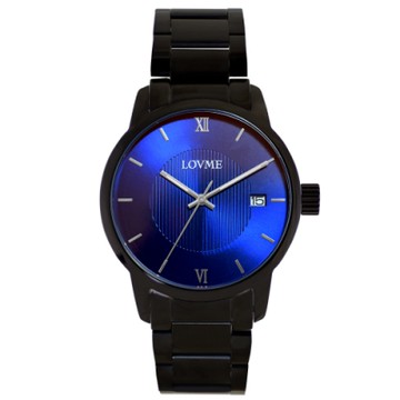 LOVME 紳士質感不鏽鋼日期窗手錶-IP黑x藍/43mm
