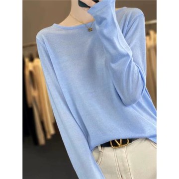 秋薄款精仿羊毛衫女圓領打底衫寬松慵懶風純色羊絨針織短款毛衣