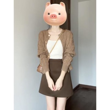 咖色小香風麻花長袖針織開衫外套女秋冬季毛衣內搭打底衫短款上衣