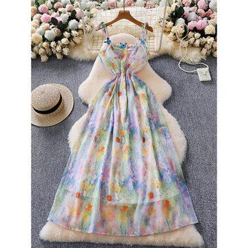 多巴胺絕美荷葉邊吊帶連衣裙女夏季超好看沙灘度假風暈染碎花長裙