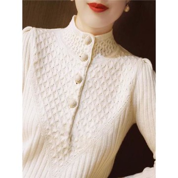 品牌高端女裝2025年新款秋季時尚氣質半開高領珍珠扣毛衣加厚上衣