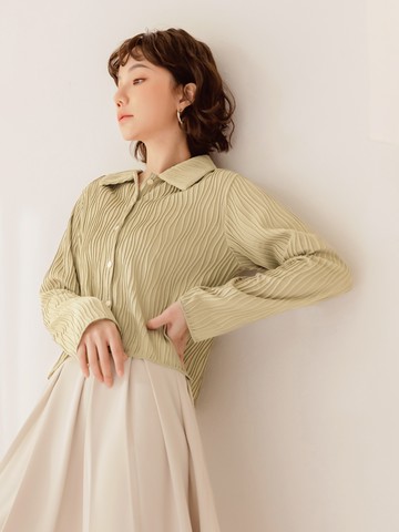 立體紋理翻領開襟上衣/襯衫