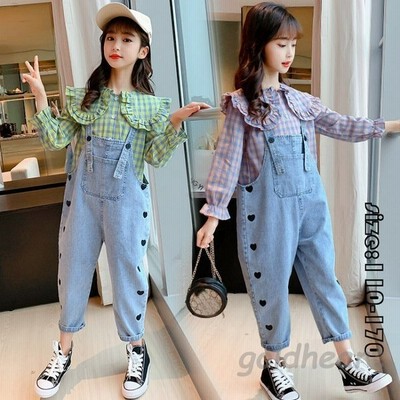 韓国子供服 ２点セット シャツ オーバーオール デニムズボン チェック柄 春秋 長袖 フレア袖 カジュアル 女の子 セットアップ キッズ 可愛い きれいめ 入学式 通販 Lineポイント最大get Lineショッピング
