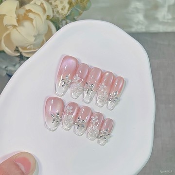 🎀純手工穿戴甲🎀玥黛 花稜夢境 冰透貓眼春夏爆閃手繪立體花顯白高級感手工穿戴甲新年美甲貼片顯白美甲片高級感穿戴甲 OBP