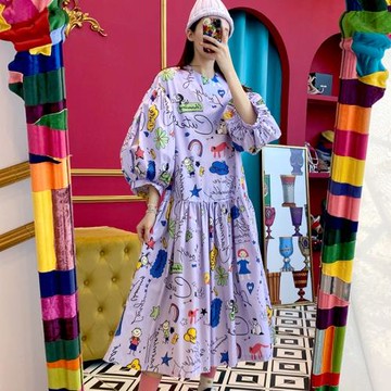 韓國chic俏皮減齡童趣涂鴉印花圓領寬松燈籠袖大擺型娃娃連衣裙女