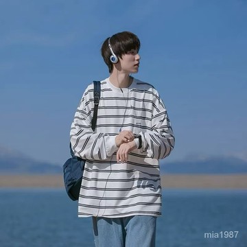 【優選好物】100%純棉條紋長袖T恤男秋季ins潮流百搭秋衣日係寬鬆高街刺繡衛衣 C2OI