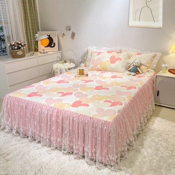 高檔韓式乳膠床裙涼席三件套公主風蕾絲印花空調軟席冰絲席子套件