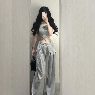 ✨ MY女裝 美式辣妹灰色套裝女2026年夏運動百搭顯瘦修身短袖休閒褲子兩件套 氣質顯瘦套裝女 上衣 衣服 女裝 夏天