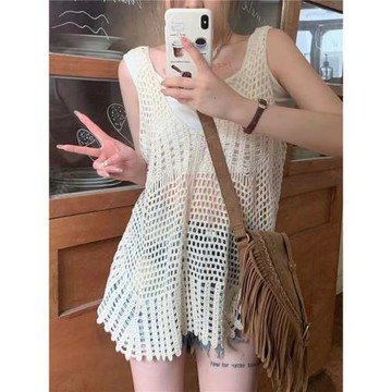 設計感鉤花鏤空罩衫針織馬甲背心女夏季新款寬松外搭無袖辣妹上衣