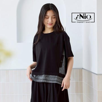 iNio 衣著美學 短袖上衣 拼接下襬 異材質壓紋 寬鬆剪裁 短袖棉T 黑 CEW1106