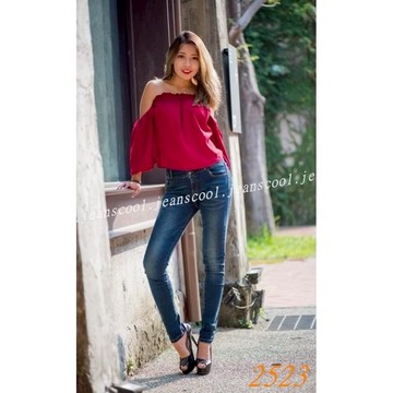 小胡子牛仔 超彈力排扣高腰牛仔褲 大尺碼25到34腰 深藍復古刷色 3D激瘦修身窄管長褲 直筒牛仔褲 牛仔褲女【2523