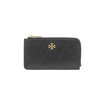 TORY BURCH Charlie 金釦粒紋皮革拉鍊卡夾/零錢包(黑色)