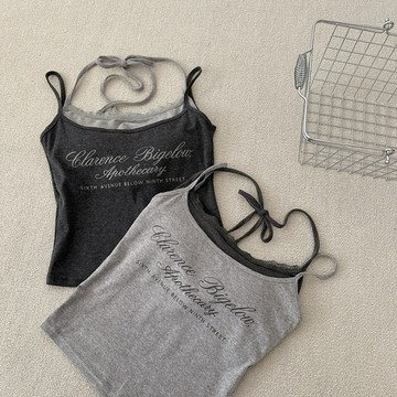 「FOR GIRLS」迷人計畫 草寫字體蕾絲掛脖假兩件小背心（2colors）無袖 女上衣 假兩件 蕾絲 背心