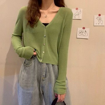 GOFO 防曬外套 韓系顯瘦 性感微透 短腰 短版 V領開衫 針織防曬外套 女生衣著 薄外套 女裝 夏季 夏天