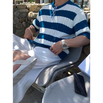 MRCYC老錢風撞色針織短袖男夏季寬松圓領短t韓系潮流復古半袖T恤