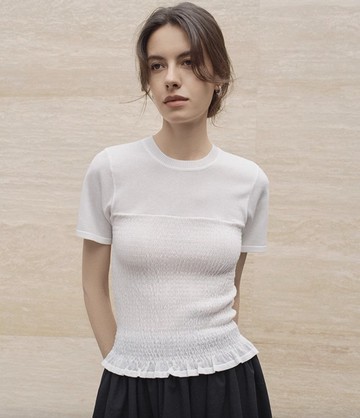 法式極簡 醋酸抽褶花邊 針織短袖T恤