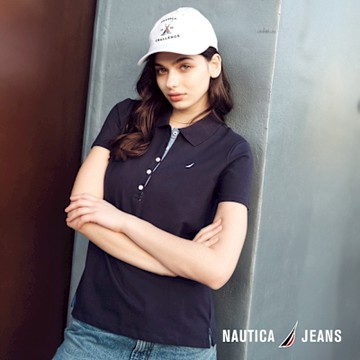 Nautica  女裝 經典素色排扣短袖POLO衫-藍色