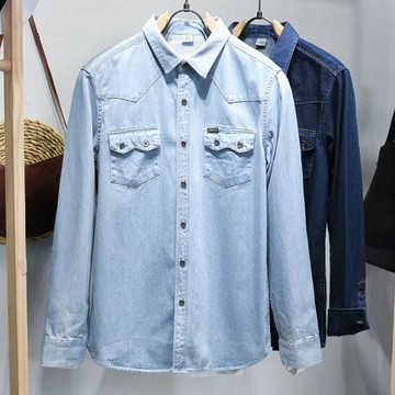 春秋長袖牛仔純棉襯衫男裝翻領純色襯衣日系青年潮牌工裝寸衫上衣