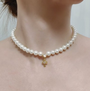 客製天然高品質淡水珍珠7~8mm包14k金十字架頸鍊