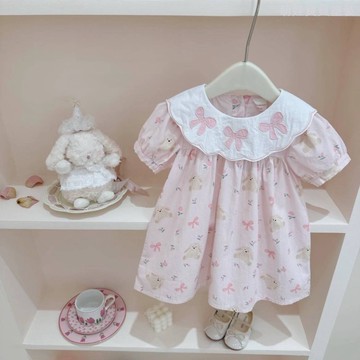 80-110碼~ 夏季新款女童蝴蝶結娃娃领碎花泡泡袖公主裙 女童洋裝 女童連衣裙 女童短裙 女童A字裙 宝宝礼服连衣裙
