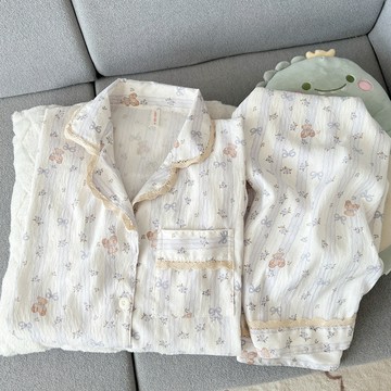 春秋季長袖長褲睡衣套裝 日系碎花小熊雲朵棉紗睡衣 女生睡衣 甜美可愛家居服 韓版睡衣 寬鬆舒適 開扣睡衣 居家服兩件套