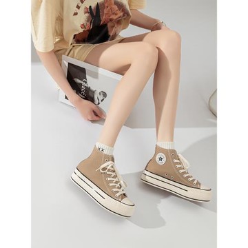 厚底高幫帆布鞋女款2025新款奶茶色高邦女士休閑鞋女夏季增高女鞋