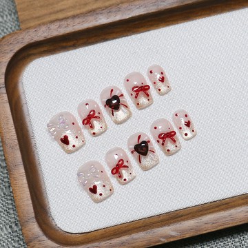 🎀Hannah🎀新品發售新款純手工穿戴甲裙邊法式貓眼甜美可愛蝴蝶結波點ins風假指甲片中款2026新款上新MJ11