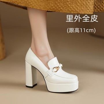 全皮真皮高跟單鞋淺口一腳蹬瓢鞋超高跟鞋防水臺氣質黑色白色方頭
