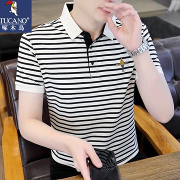 啄木鳥條紋短袖t恤男士POLO衫秋季絲光棉翻領短袖體恤春裝潮牌T恤