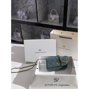 小香風菱格鏈條包凱旋門牛仔布斜挎包女款單肩小方包牛仔藍小包包