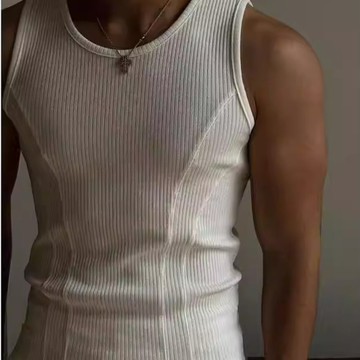 美式緊身夏季螺紋直條紋背心男 緊身彈力拼接健身圓領無袖上衣男