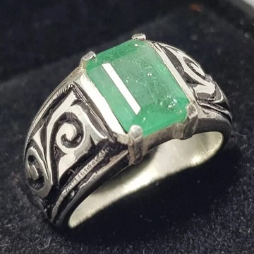 男士天然大綠玉戒指 頂級品質 鮮豔綠色 Panjsher