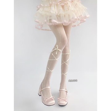 甜美洛麗塔奶白色連褲襪蕾絲提花芭蕾風黑絲襪女薄款打底襪防勾絲