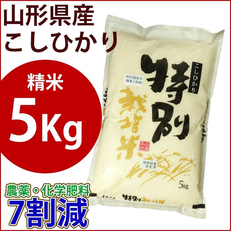 精米　特別栽培米　5kg　山形県産こしひかり　農薬7割減