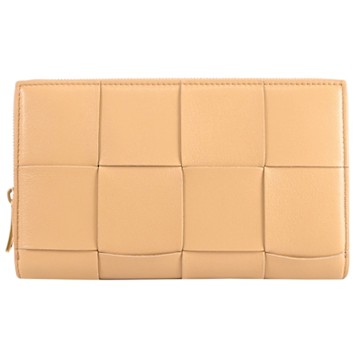 BOTTEGA VENETA 經典大格編織ㄇ字拉鍊長夾(杏色)