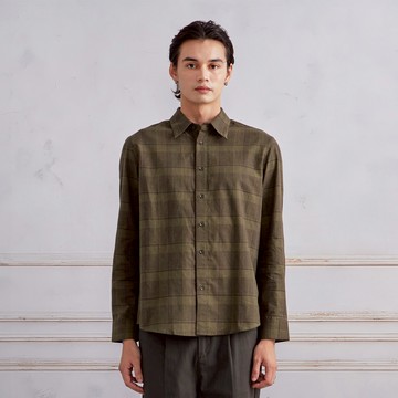 深綠格紋棉麻襯衫-725213061032