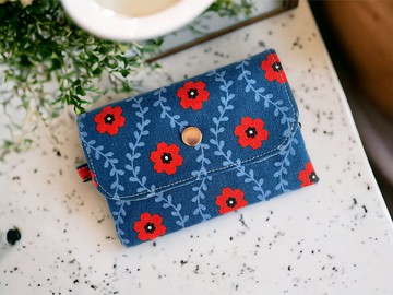 手作三層零錢包。藤蔓花。深藍