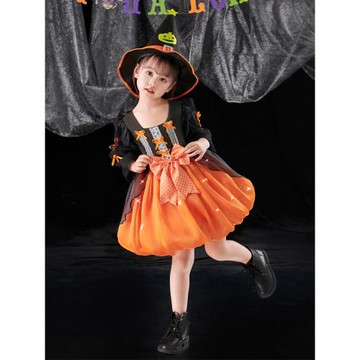 萬圣節兒童服裝女孩公主裙cos女巫南瓜裙發光衣服寶寶巫婆表演服