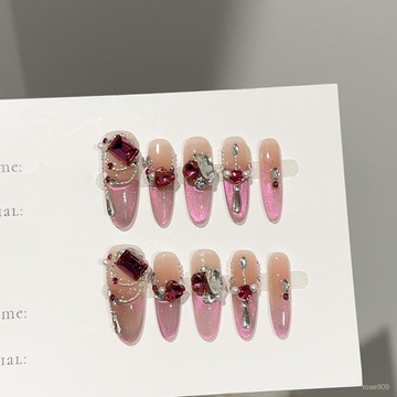 ➕最新設計款穿戴甲💅純手工穿戴甲高級感幻紫色貓眼美甲片鏈條堆鑽爆閃假指甲貼片長橢圓穿戴甲 KZXA