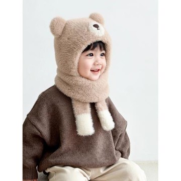 秋冬季兒童帽子毛絨帽圍脖一體帽男童女童保暖寶寶護耳帽加厚加絨