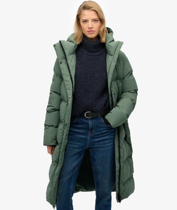 Superdry Women's Hooded Longline Puffer Jacket Green Size: 10