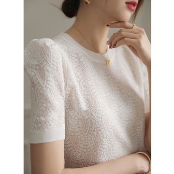 專柜品牌折扣法國剪標余單撿漏外單燙鉆鏤空泡泡袖針織衫t恤上衣