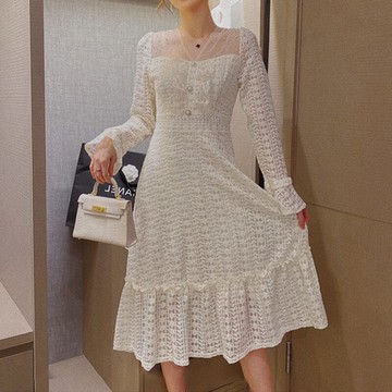 2021春裝新品甜美優雅氣質荷葉袖珍珠蕾絲V領連衣裙顯瘦連衣裙子
