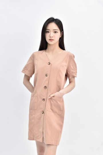 (S) very you 棉質純棉短袖排扣粉橘色洋裝
